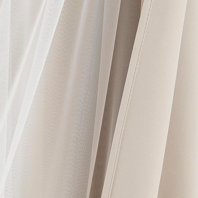 Bujasso Beige 80% Blackout Curtains with Sheer Overlay Mix and Match Double Layer Thermal Insulated Window Panels 95 inch for Living Room Bedroom Beige Drapes with Tiebacks Grommet Top 54" Wx95 Lx2