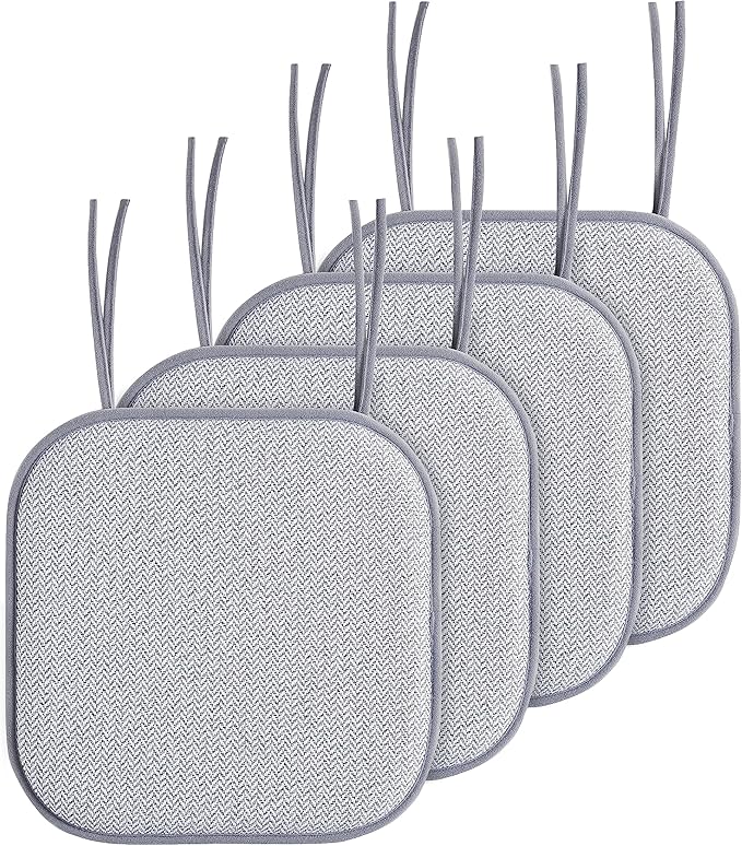 Elegant Comfort Chair Cushion Covers with Ties and Non Skid Rubber Backing-Thick Memory Foam - Soft Cushion Pad- Rounded Square Seat Cover- 16 x 16 Inches - Set of 4 Chevron Textured Pattern, Gray