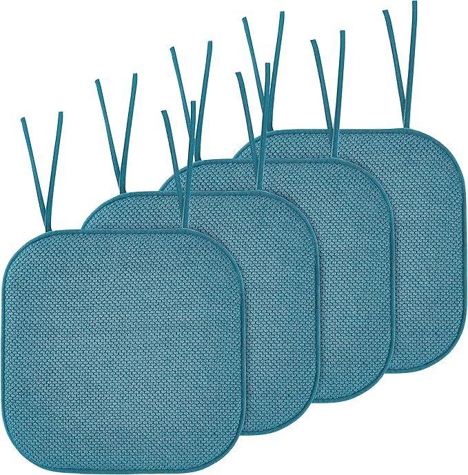 Elegant Comfort Chair Cushion Covers with Ties and Non Skid Rubber Backing-Thick Memory Foam - Soft Cushion Pad- Rounded Square Seat Cover-16 x 16 Inches- Honeycomb Textured Pattern, Set of 4, Peacock