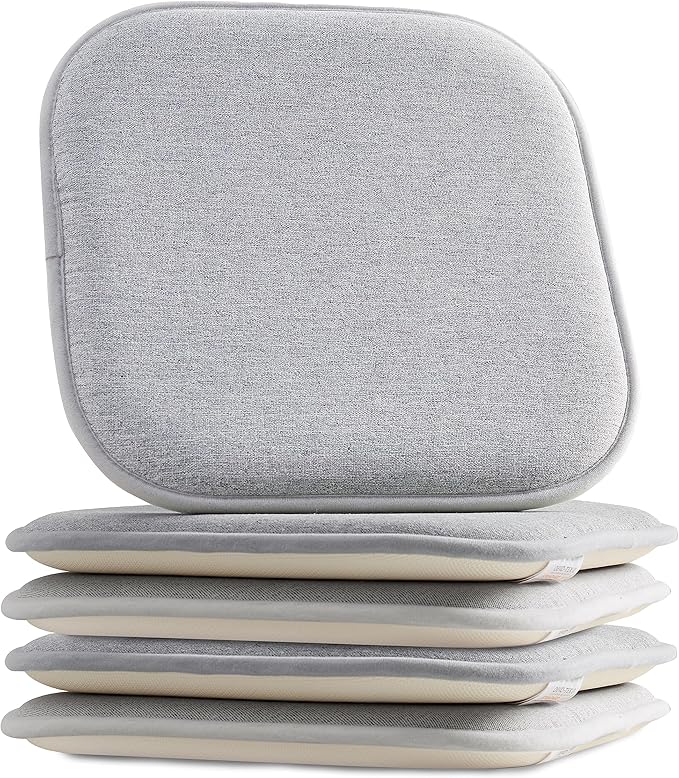 Elegant Comfort Chair Cushion Covers with Ties and Non Skid Rubber Backing-Thick Memory Foam - Soft Cushion Pad- Rounded Square Seat Cover- 16 x 16 Inches - Set of 4 Thatch Textured Pattern, Gray