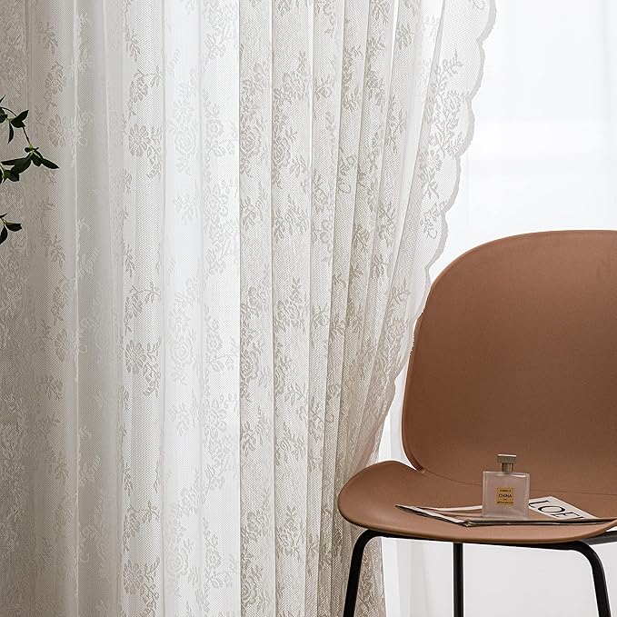 Sutuo Home Lace Curtains 72 Inches Length 2 Panels Set, White Sheer Window Floral Vintage Voile Window Panel Treatment Pair for Bedroom/Living Room/Kitchen, Decor Rod Pocket W57 x L72