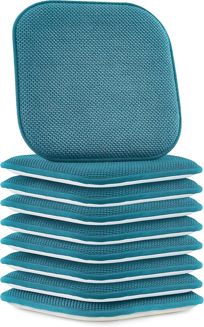 Elegant Comfort Chair Cushion Covers with Ties and Non Skid Rubber Backing-Thick Memory Foam - Soft Cushion Pad- Rounded Square Seat Cover-16 x 16 Inches- Honeycomb Textured Pattern, Set of 8, Peacock