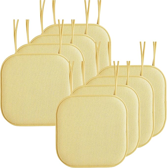 Elegant Comfort Chair Cushion Covers with Ties and Non Skid Rubber Backing-Thick Memory Foam - Soft Cushion Pad- Rounded Square Seat Cover- 16 x 16 Inches - Set of 8 Chevron Textured Pattern, Yellow