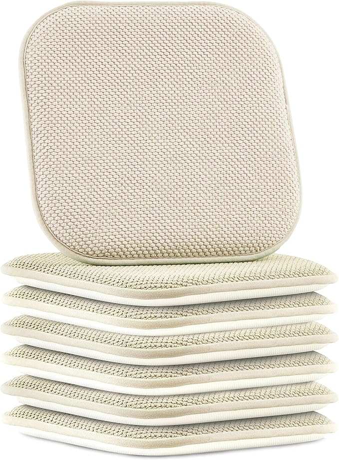 Elegant Comfort Chair Cushion Covers with Ties and Non Skid Rubber Backing-Thick Memory Foam - Soft Cushion Pad- Rounded Square Seat Cover-16 x 16 Inches- Honeycomb Textured Pattern, Set of 6, Linen