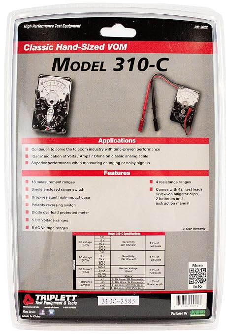 Triplett 3022 Model 310-C Hand-Sized Analog Multimeter with Polarity Reversing Switch - AC/DC Voltage, DC Current, Resistance