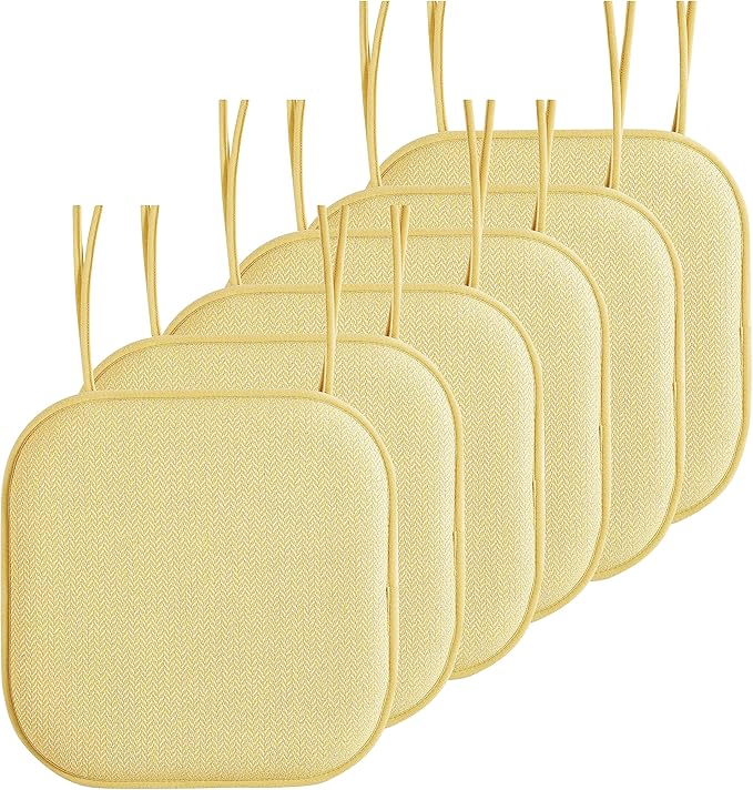 Elegant Comfort Chair Cushion Covers with Ties and Non Skid Rubber Backing-Thick Memory Foam - Soft Cushion Pad- Rounded Square Seat Cover- 16 x 16 Inches - Set of 6 Chevron Textured Pattern, Yellow