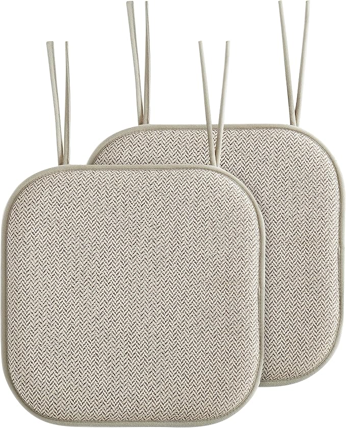 Elegant Comfort Chair Cushion Covers with Ties and Non Skid Rubber Backing-Thick Memory Foam - Soft Cushion Pad- Rounded Square Seat Cover- 16 x 16 Inches - Set of 2 Chevron Textured Pattern, Beige