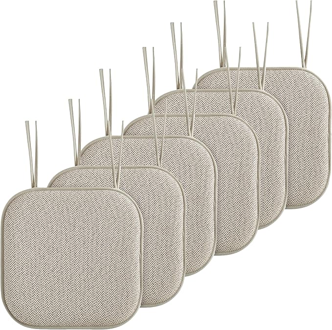 Elegant Comfort Chair Cushion Covers with Ties and Non Skid Rubber Backing-Thick Memory Foam - Soft Cushion Pad- Rounded Square Seat Cover- 16 x 16 Inches - Set of 6 Chevron Textured Pattern, Beige