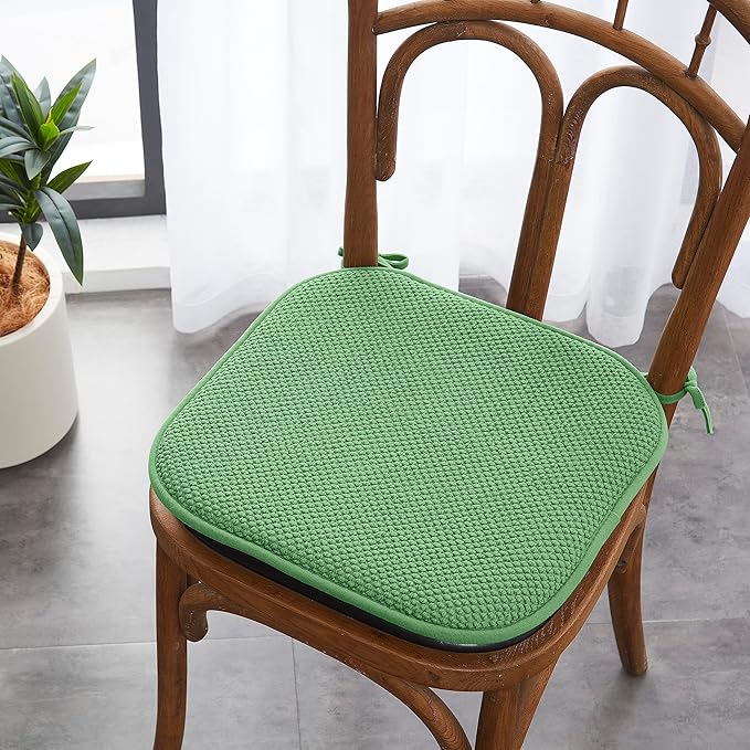 Elegant Comfort Chair Cushion Covers with Ties and Non Skid Rubber Backing-Thick Memory Foam - Soft Cushion Pad- Rounded Square Seat Cover-16 x 16 Inches- Honeycomb Textured Pattern, Set of 4, Green