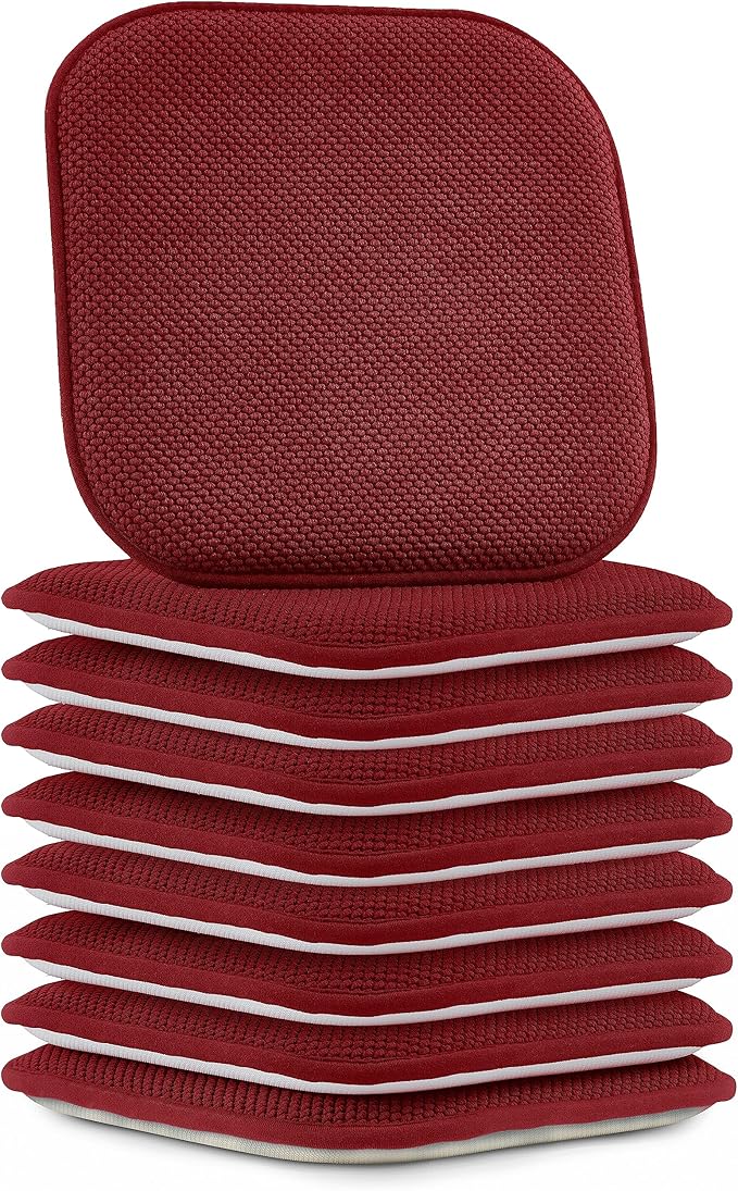 Elegant Comfort Chair Cushion Covers with Ties and Non Skid Rubber Backing-Thick Memory Foam - Soft Cushion Pad- Rounded Square Seat Cover-16 x 16 Inches-Honeycomb Textured Pattern, Set of 8, Burgundy
