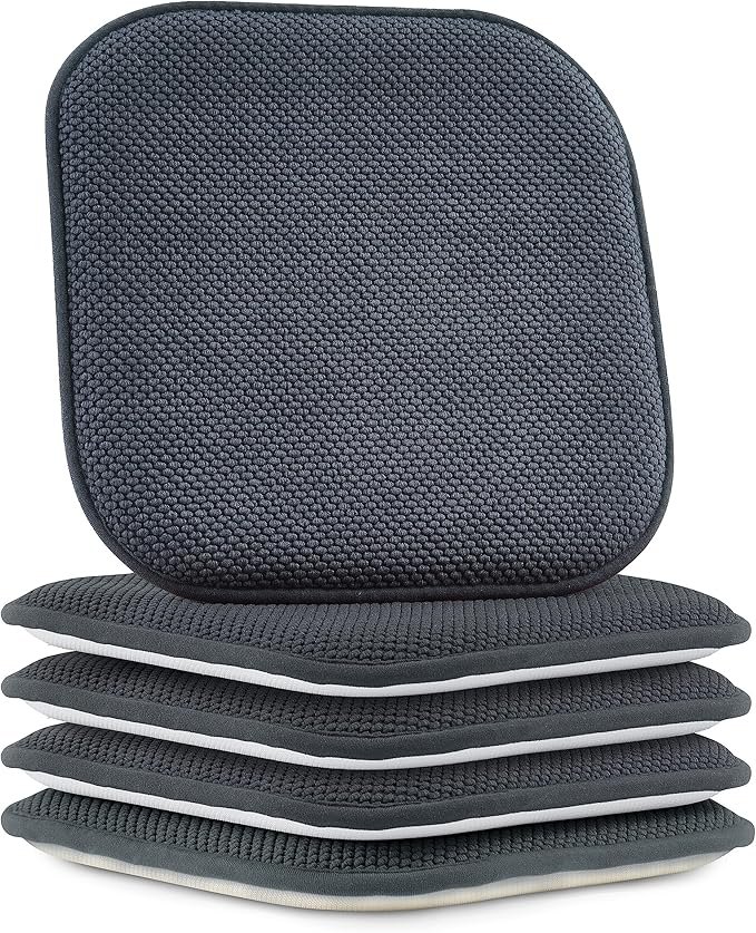 Elegant Comfort Chair Cushion Covers with Ties and Non Skid Rubber Backing-Thick Memory Foam - Soft Cushion Pad- Rounded Square Seat Cover-16 x 16 Inches- Honeycomb Textured Pattern, Set of 4, Gray
