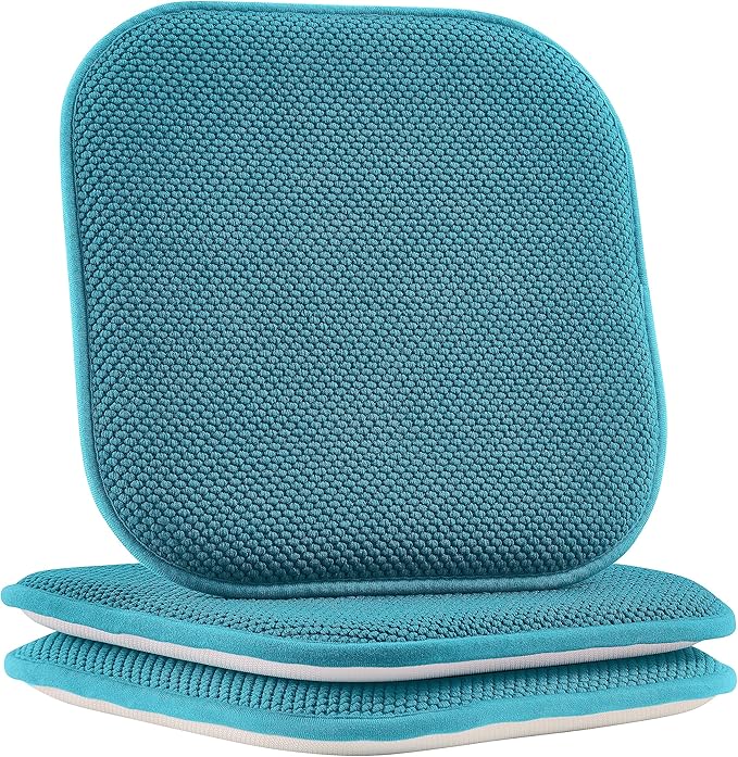 Elegant Comfort Chair Cushion Covers with Ties and Non Skid Rubber Backing-Thick Memory Foam - Soft Cushion Pad- Rounded Square Seat Cover-16 x 16 Inches- Honeycomb Textured Pattern, Set of 2, Peacock