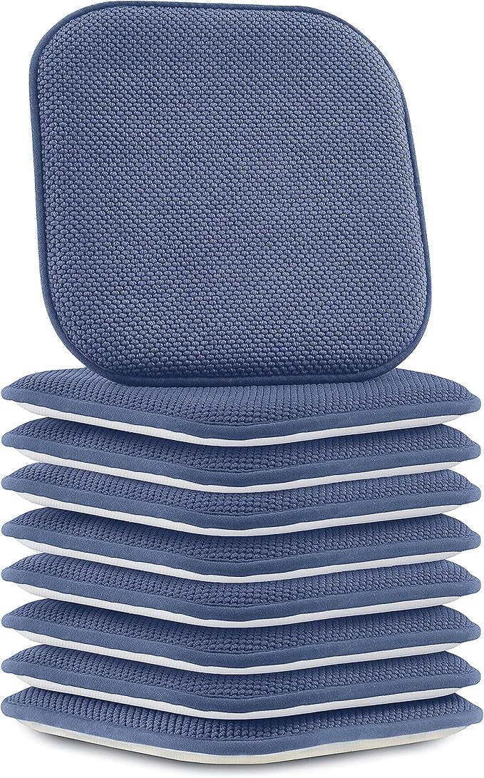 Elegant Comfort Chair Cushion Covers with Ties and Non Skid Rubber Backing-Thick Memory Foam - Soft Cushion Pad- Rounded Square Seat Cover-16 x 16 Inches- Honeycomb Textured Pattern, Set of 8, Navy