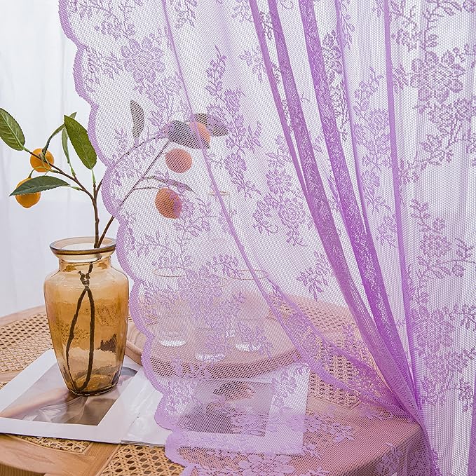 Sutuo Home Lace Curtains 2 Panels Set, Purple Sheer 72 Inch Long Window Floral Vintage Voile Window Panel Treatment for Bedroom/Living Room/Kitchen, Decor Rod Pocket W57 x L72