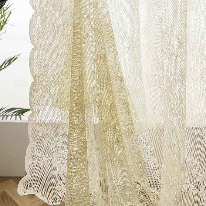 Sutuo Home Lace Curtains 96 Inches Long 2 Panels Set, Cream Yellow Sheer Window Floral Vintage Voile Window Panel Treatment Pair for Bedroom/Living Room/Kitchen, Decor Rod Pocket W57 x L96