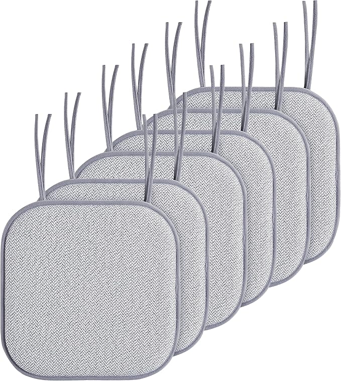 Elegant Comfort Chair Cushion Covers with Ties and Non Skid Rubber Backing-Thick Memory Foam - Soft Cushion Pad- Rounded Square Seat Cover- 16 x 16 Inches - Set of 6 Chevron Textured Pattern, Gray