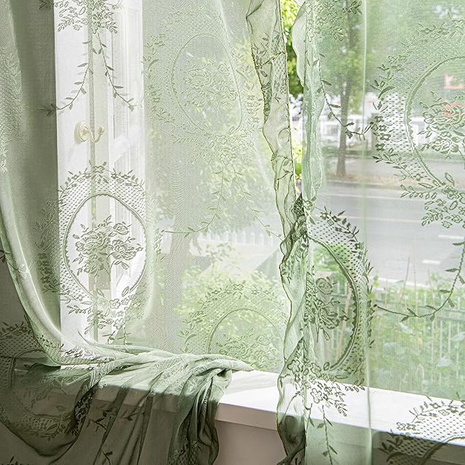 Sutuo Home Olive Green Lace Curtains Set of 2, Sheer Panels 63 Inch Length Rose Floral Embroidery Vintage Ruffled Window Treatment Pair for Bedroom Living Room,Chic Decor Rod Pocket, W57 x L63