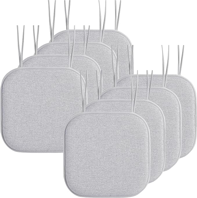 Elegant Comfort Chair Cushion Covers with Ties and Non Skid Rubber Backing-Thick Memory Foam - Soft Cushion Pad- Rounded Square Seat Cover- 16 x 16 Inches - Set of 8 Thatch Textured Pattern, Gray