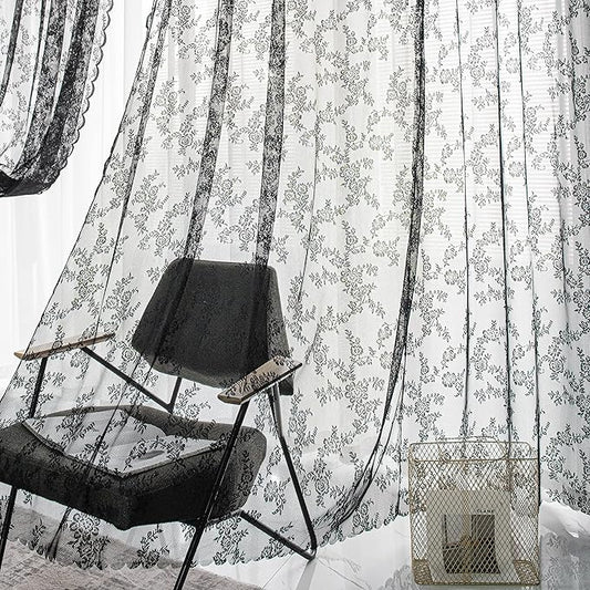Sutuo Home Black Lace Curtains 96 Inches Long 2 Panels Set, Sheer Panels Gothic Retro Florals Vintage Voile Window Treatment for Bedroom/Living Room/Halloween Decor Rod Pocket W57 x L96