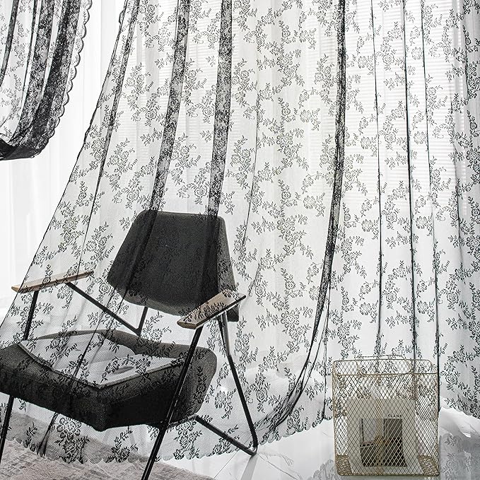 Sutuo Home Black Lace Curtains 63 Inches Length 2 Panels Set, Sheer Shabby Chic Gothic Retro Florals Vintage Voile Window Treatment Pair for Bedroom/Living Room/Halloween Decor Rod Pocket W57 x L63