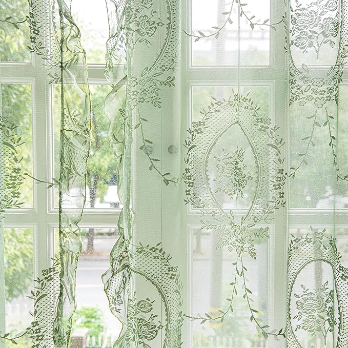 Sutuo Home Olive Green Lace Curtains Set of 2, Sheer Panels 63 Inch Length Rose Floral Embroidery Vintage Ruffled Window Treatment Pair for Bedroom Living Room,Chic Decor Rod Pocket, W57 x L63