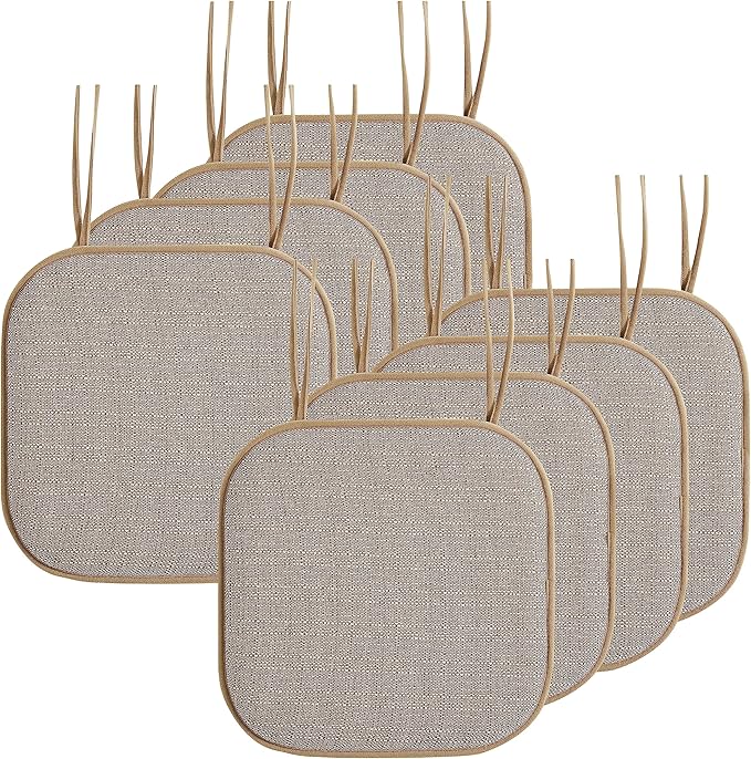 Elegant Comfort Chair Cushion Covers with Ties and Non Skid Rubber Backing-Thick Memory Foam - Soft Cushion Pad- Rounded Square Seat Cover- 16 x 16 Inches - Set of 8 Mosaic Textured Pattern, Taupe
