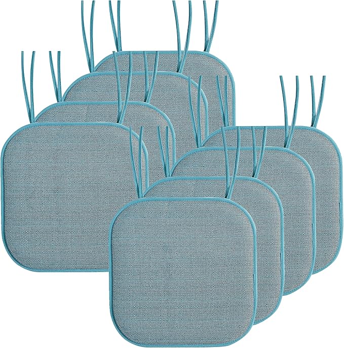 Elegant Comfort Chair Cushion Covers with Ties and Non Skid Rubber Backing-Thick Memory Foam - Soft Cushion Pad- Rounded Square Seat Cover- 16 x 16 Inches - Set of 8 Mosaic Textured Pattern, Aqua