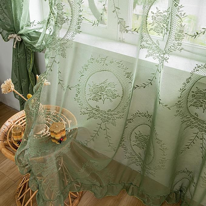 Sutuo Home Olive Green Lace Curtains 72 Inches Long 2 Panels Set, Sheer Panels Rose Floral Embroidery Ruffled Vintage Window Treatment Pair for Nursery Bedroom Living Room, Rod Pocket, W57 x L72