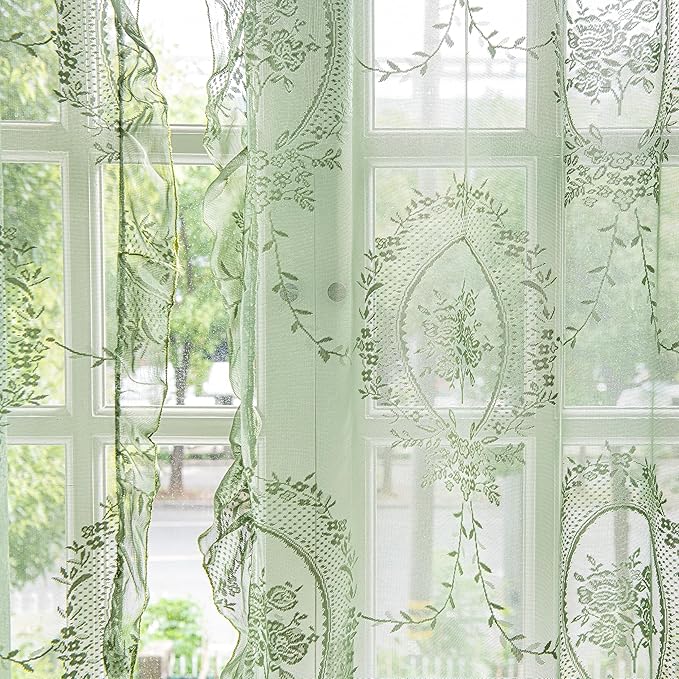Sutuo Home Olive Green Lace Curtains 90 Inches Long for Bedroom Living Room 2 Panels, Sheer Set Rose Floral Embroidery Ruffled Vintage Window Treatment Pair Christmas Decor, Rod Pocket, W57 x L90